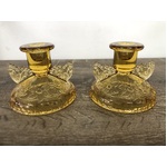 1930's Sowerby Amber Glass Butterfly Candlestick Holders x 2