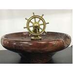 VINTAGE Handturned Wooden Bowl with Brass Ships Wheel Screw Nutcracker 