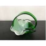 VINTAGE Green & White Art Glass Bowl w Handle - 11 cm Tall 