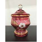 VINTAGE Cranberry Pink Candy Jar w Gold & White Floral Motif - 18 cm Tall 