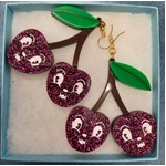 Retro Dangle Earrings | Cherries | Purple Glitter