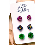 GlitterPOP Resin Stud Earrings - Little Puddles - Set of 3 - Pink Black Green
