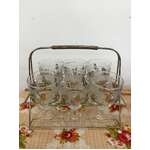 VINTAGE Drinking Glasses Set w Gold Wire Carrier - Gold Leaf Motif 