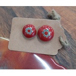 Resin Domed Stud Earrings - Red Green Flower