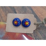Resin Domed Stud Earrings - Navy Blue & Red Flower