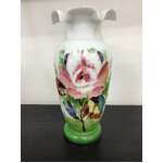 ANTIQUE Opaline Glass Vase - Hand Painted Floral w Ruffled Rim