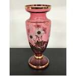 VINTAGE Cranberry Pink Vase with Gold & White Hand Painted Floral Motif - 21.5 cm Tall 