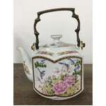 VINTAGE Homco Japan Porcelain Hexagonal Tea Pot w Brass Handle 