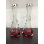 ANTIQUE Cranberry to Clear Glass Vases w Sterling Rims - Pair - 20.5 cm Tall