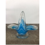 RETRO Art Glass Basket Vase - Split Handle - Blue