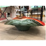 LARGE Art Glass Bowl - Green Grey Lustre Ruffled Base - Red White Interior - 2.35kg