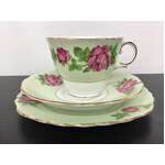 Colclough Bone China Tea Cup Trio - Green w Pink Roses 