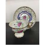 VINTAGE Japan Lustre Ware Pedestal Tea Cup & Reticulated Saucer - Purple Rose