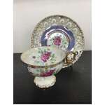 VINTAGE Japan Lustre Ware Pedestal Tea Cup & Reticulated Saucer - Rose