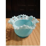 FENTON Blue Satin Glass Bowl - Basket Weave Reticulated Open Edge