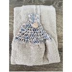 Tan Mottled Crochet Top Hanging Hand Towel - Double Terry Towel - Handmade