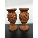 MCM Carved Teak Wood Vases x 2 - 15.5 cm Tall 