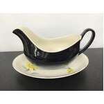 VINTAGE Johnson Bros Gravy Boat & Underplate - Black w Yellow Flower 