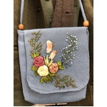 Shoulder Satchel Bag w Ribbon Embroidery - Handmade - Blue Roses