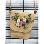 Shoulder Satchel Bag w Ribbon Embroidery - Handmade - Light Tan