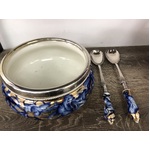 ANTIQUE Flow Blue & Gold Staffordshire Salad Bowl & Servers - Sterling Silver Collars