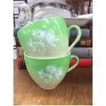 VINTAGE Wembley Ware Teacups x 2 - Graduated Green w White Gum Blossom