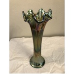 VINTAGE Green Carnival Glass Swung Vase - Diamond & Rib  11 Inches 