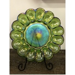 VINTAGE Carnival Glass Egg Dish - Iridescent Green - Indiana Glass