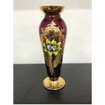 VINTAGE Italian Red Glass Vase w Enamelled Flower & Gold Trim - 19 cm Tall