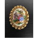 Vintage Painted Ceramic Brooch - Victorian Couple - Gold Frame