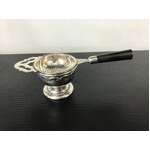 ART DECO Lewbury Silver Plate Tea Strainer w Black Bakelite Handle & Drip Cup