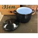 VINTAGE Black & Blue Enamelware Pot w Lid & Handles 