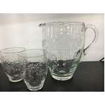 VINTAGE Hand Blow Hand Cut Jug w 2 Glasses - Floral Pattern 