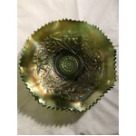 ANTIQUE Northwood Carnival Glass Bowl - Wishbone - Green - Collar Base - 23 cm