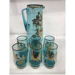 RETRO Turquoise & Gold Bohemia Glass Jug Pitcher & Glass Set 