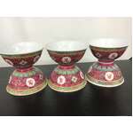 Vintage Chinese Mun Shou Bowls x 6 - Jingdezhen Porcelain - Famille Rose 9.4 cm 