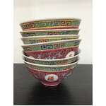 Vintage Mun Shou Rice Bowls x 6 -  Jingdezhen - Famille Rose