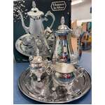 VINTAGE Silver-coloured Coffee Set - 4 Piece - Coffee Pot Jug Sugar & Tray - Hong Kong NIB