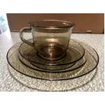 VINTAGE Arcoroc France Smoked Glass Tea Cups & Saucer Trio