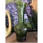 RETRO Green Glass Vase w Ribbed base - 18 cm Tall