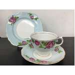 Colclough Bone China Tea Cup Trio - Blue w Pink Roses