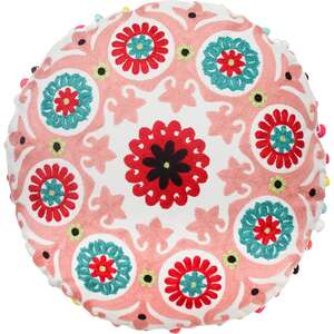 Embroidered Round Cushion - Bright & Cheerful - Pink Red - 43 cm Diameter