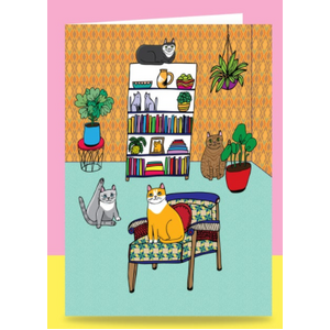 Cats In The Living Room with Books| Cat Greetings Card | Able And Game