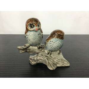 Ceramic Owls On Log Ornament - 6.5 cm Tall 