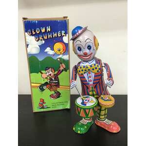 Clown Drummer Wind Up Tin Toy - 20 cm Tall 