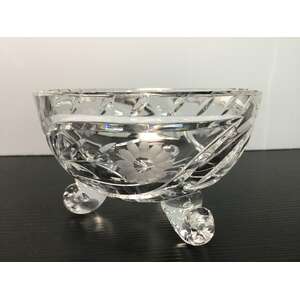 VINTAGE Small Crystal Bowl | Scroll Tripod Feed | Etched Flower | 11 cm Diameter