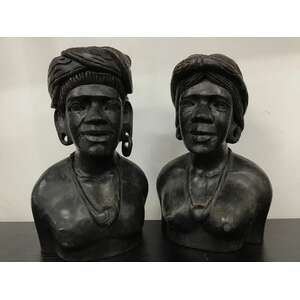 VINTAGE Wood Carved Bust - Man & Woman 