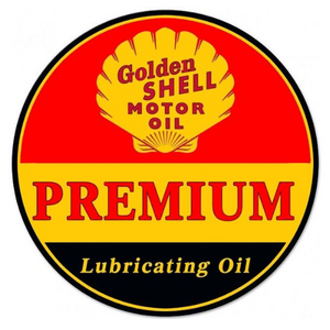 Golden Shell Motor Oil Premium - Reproduction Roud Tin Sign
