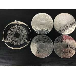 VINTAGE Silver Plate Coaster Set - Stand & 4 Coasters - Vinyl Backed 