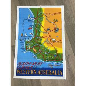 VINTAGE Souvenir Tea Towel - South West Western Australia - Map
